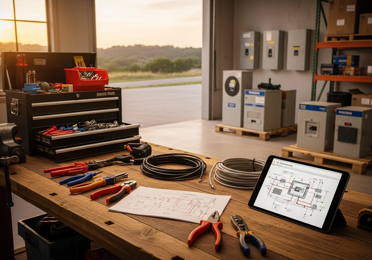 Electrical tools and equipment arranged on a workbench, representing the trade expertise of a professional electrical service crew.
