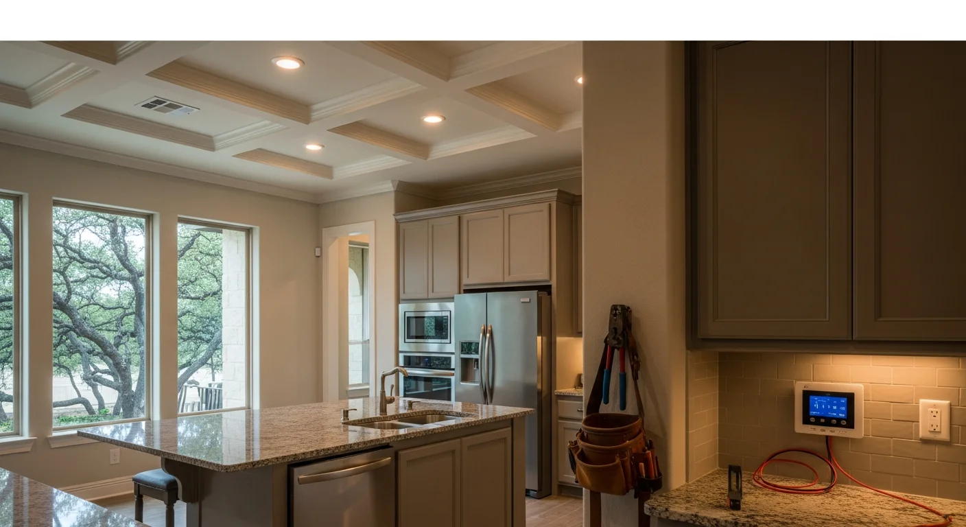 Recessed LED lighting installed in modern kitchen ceiling