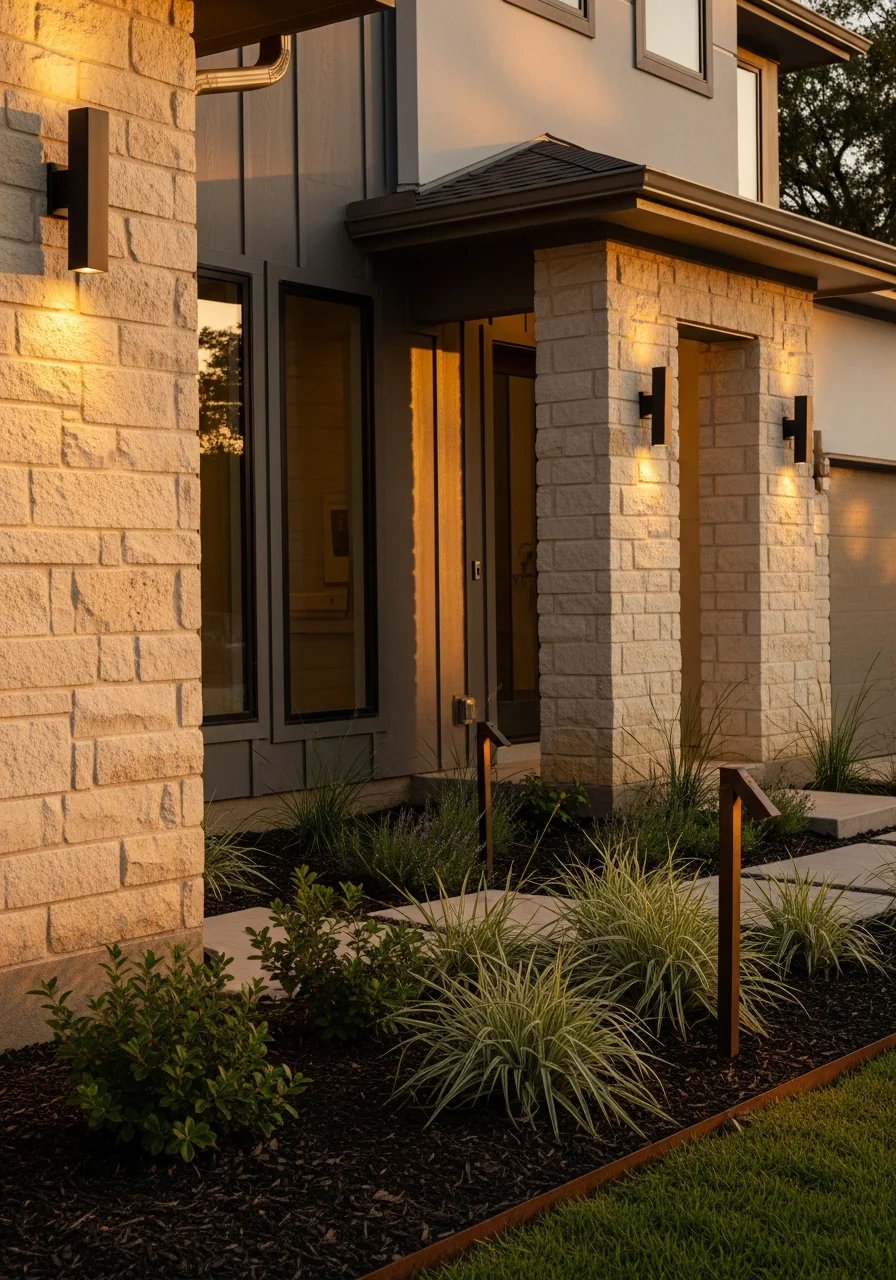 Detail shot of a completed Austin home renovation showing modern finishes and native landscaping.