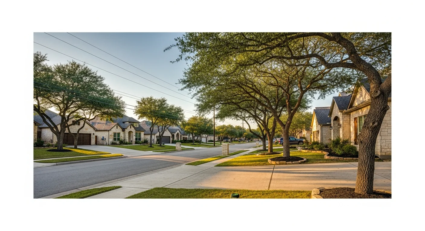 Wide view of a Cedar Park residential neighborhood with modern homes, mature trees, and well-maintained streets.