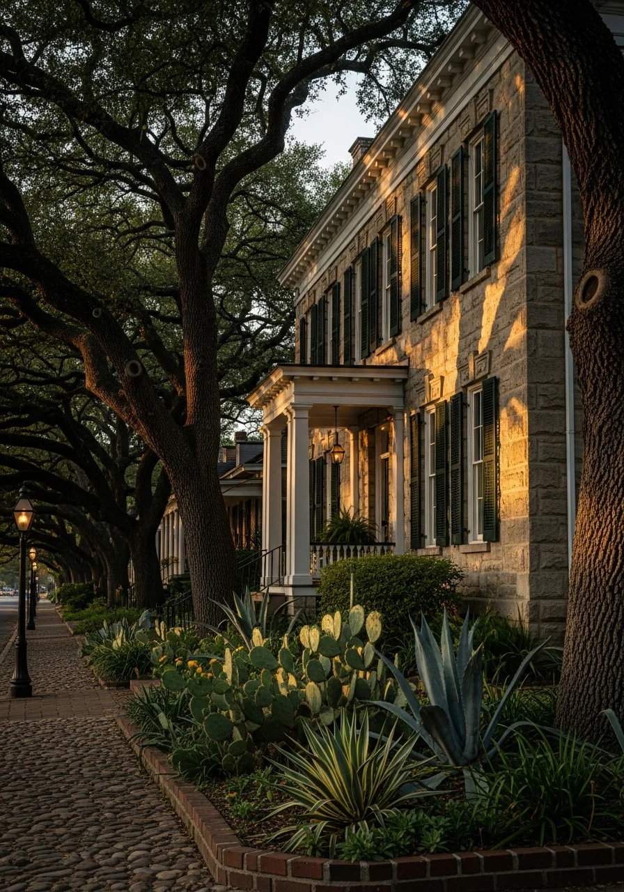 Detail of a well-maintained Georgetown historic home exterior with traditional finishes and landscaping.