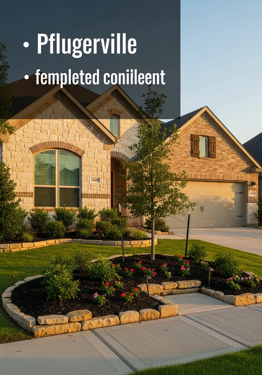 Detail view of a completed Pflugerville home exterior with quality finishes and professional landscaping work.