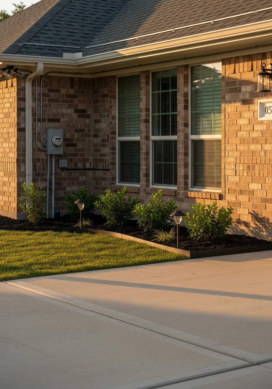 Close-up of a completed home exterior project in Taylor with clean finishes and professional landscaping detail.