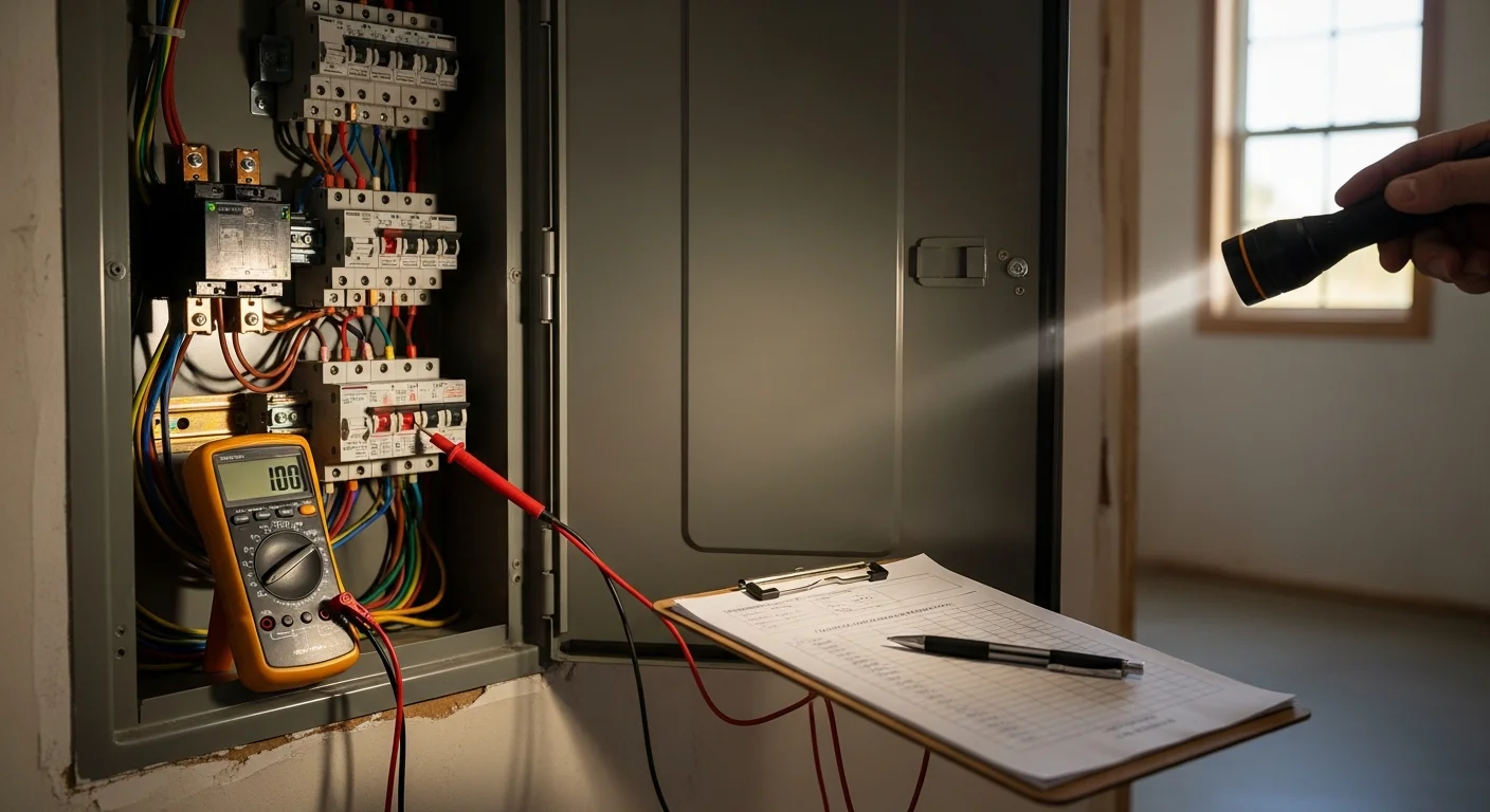 A licensed electrician from Big Shoulders Electrical Services examines a residential electrical panel inside a Taylor, Michigan home. The inspector reviews circuit breakers and wiring connections during a full electrical inspection.