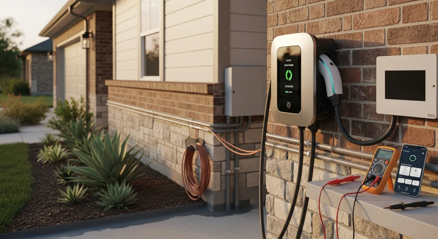 A Level 2 EV charger mounted on the interior wall of a brick ranch garage in Taylor, Michigan, with a dedicated conduit run leading to the electrical panel. An electric vehicle is plugged in and charging in the foreground.