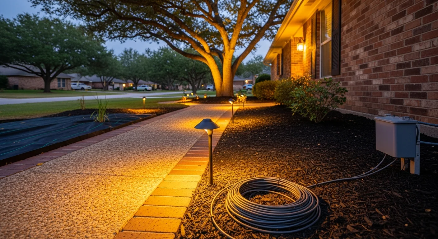 Professionally installed landscape lighting illuminating the front walkway and mature trees of a brick ranch home in Taylor, Michigan. Low-voltage path lights and uplights highlight the home's exterior after dark.