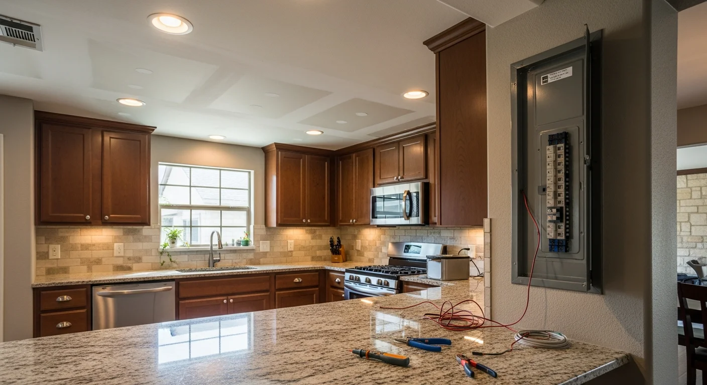 A licensed electrician from Big Shoulders Electrical Services installs recessed LED downlights in the kitchen of a brick ranch home in Taylor, MI. The finished ceiling shows evenly spaced LED fixtures with clean trim rings against white drywall.