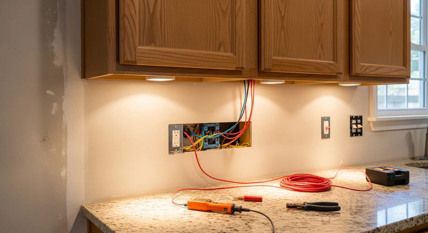 A licensed electrician from Big Shoulders Electrical Services installing recessed lighting in the kitchen of a single-family home in Taylor, MI. Finished fixtures are visible overhead with clean trim rings flush against a white ceiling.