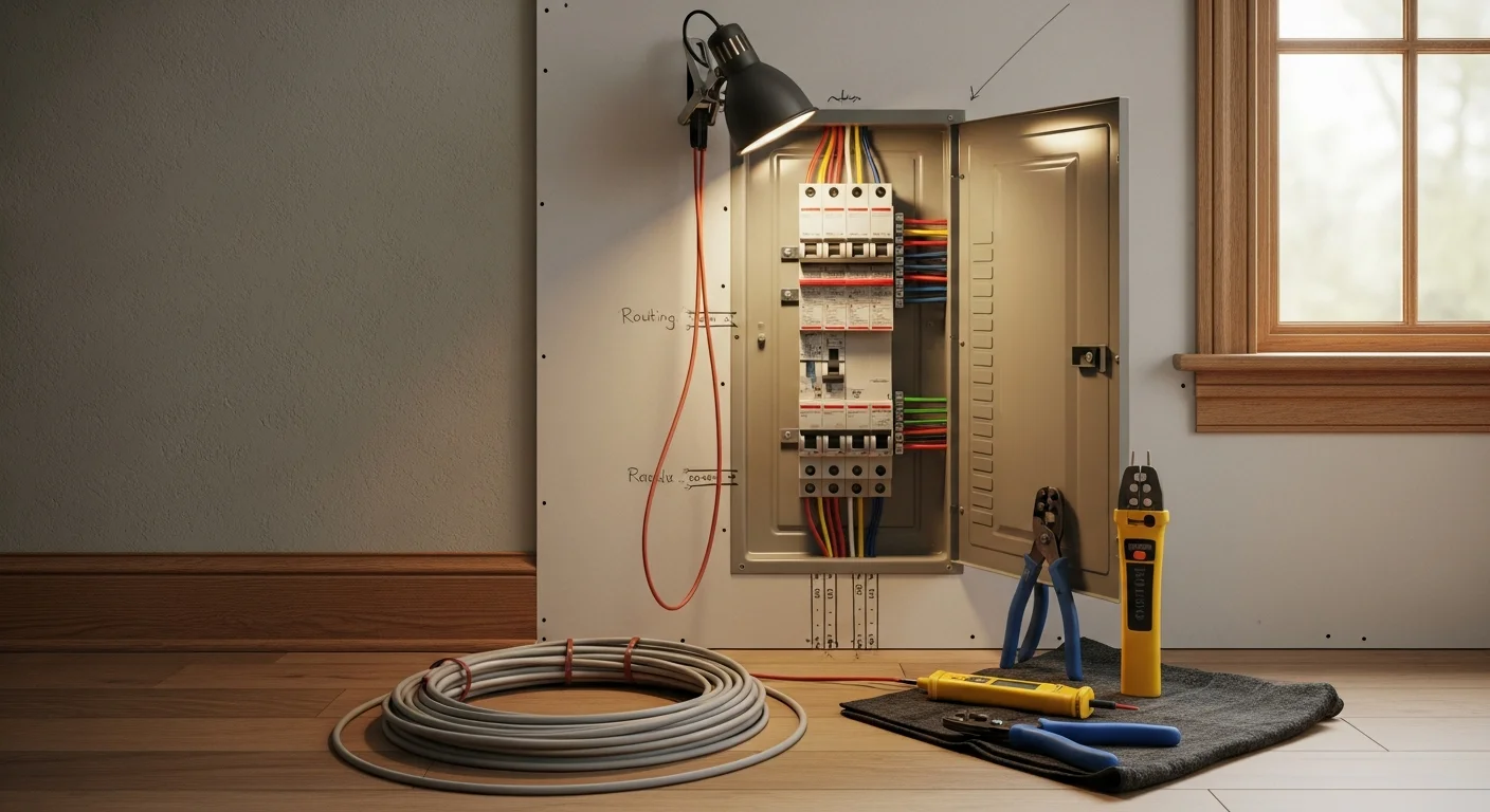 A licensed electrician installs a new circuit breaker inside a residential electrical panel in a Taylor, Michigan home. New wiring runs from the panel through an unfinished basement ceiling toward a dedicated outlet location.