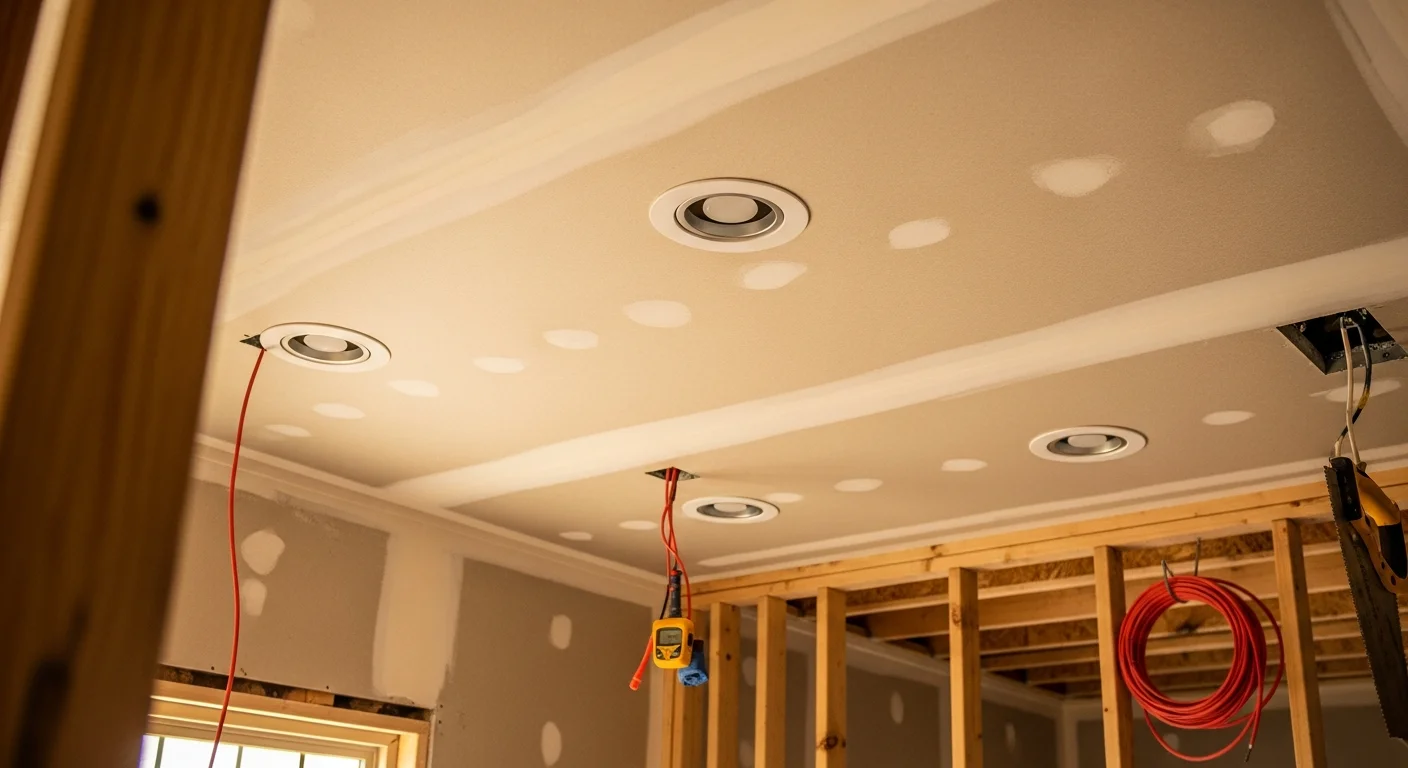 Recessed can lights installed flush in the ceiling of a Taylor, Texas living room, casting even light across the space. A licensed electrician from Big Shoulders Electrical Services completes the trim fitting in a single-story home.