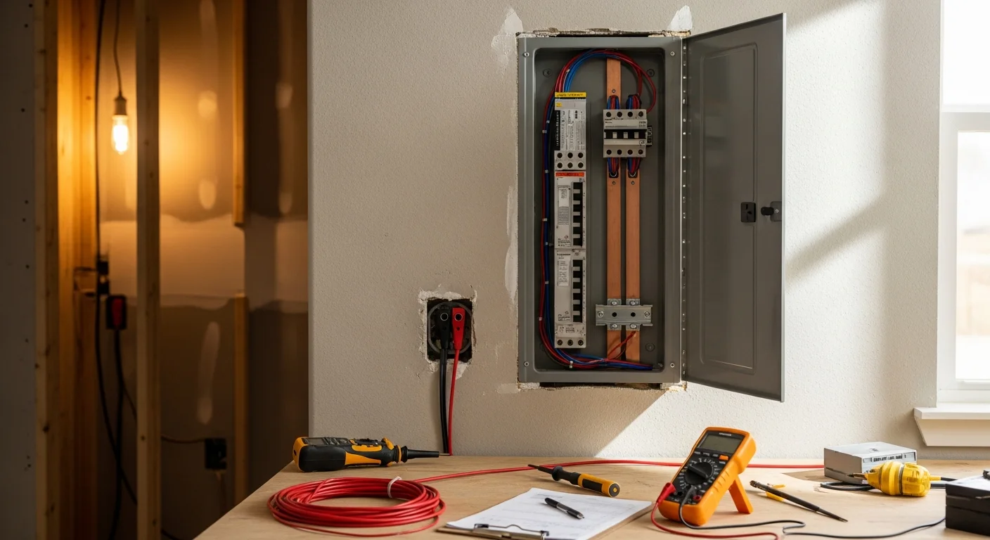 A licensed electrician from Big Shoulders Electrical Services installing a new 200-amp service panel in a Taylor, Michigan home. The finished panel shows neatly organized circuit breakers replacing an older, undersized unit.