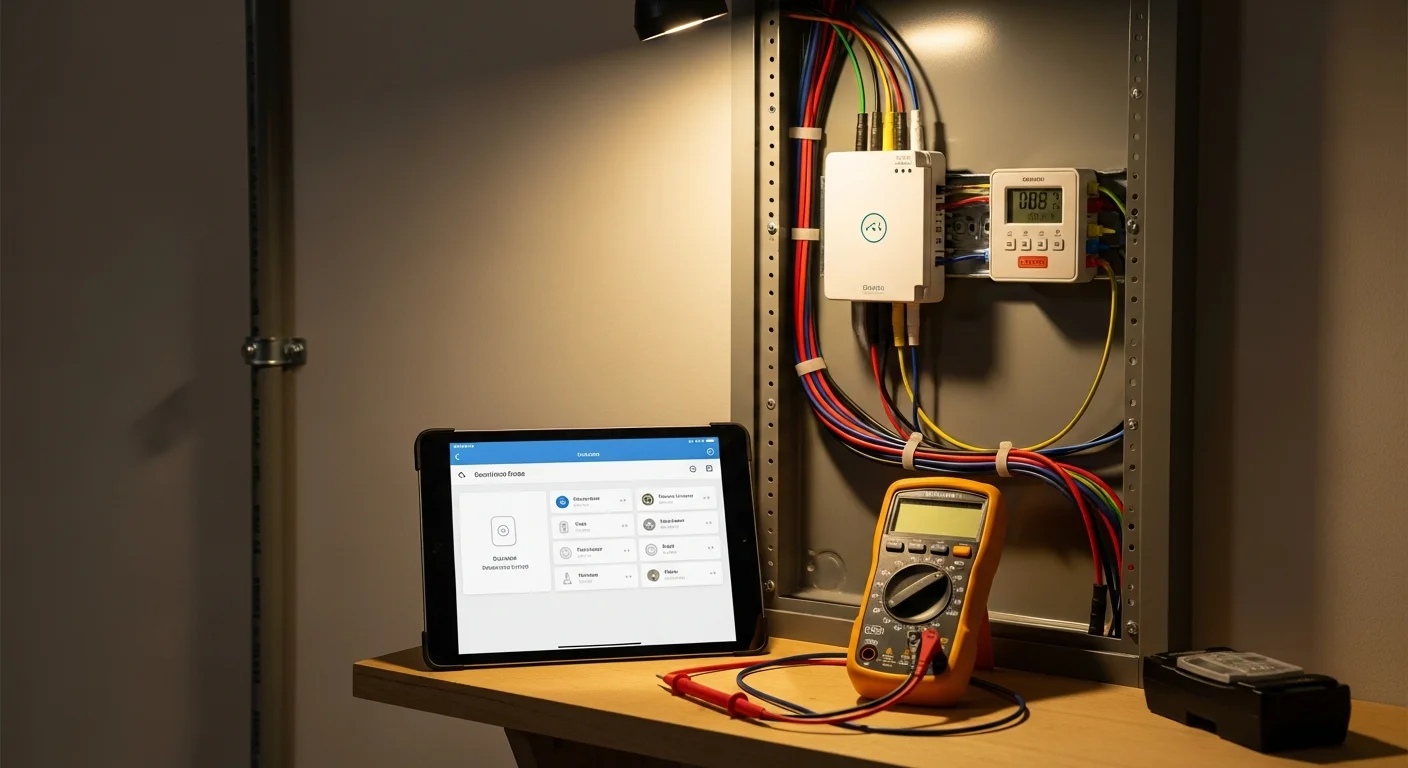 A licensed electrician from Big Shoulders Electrical Services installing a smart wall switch in a Taylor, Michigan home. The electrician is connecting wiring inside an open wall switch box with smart home controls visible on a nearby tablet.
