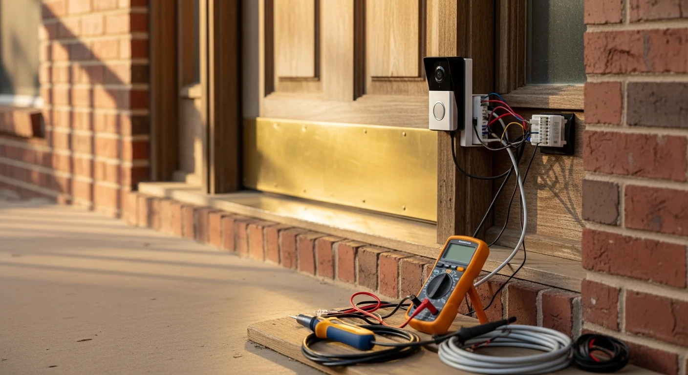 A licensed electrician from Big Shoulders Electrical Services installing a smart doorbell on the brick front exterior of a single-family ranch home in Taylor, Michigan. The doorbell camera is mounted beside the front door with wiring routed cleanly into the door frame.
