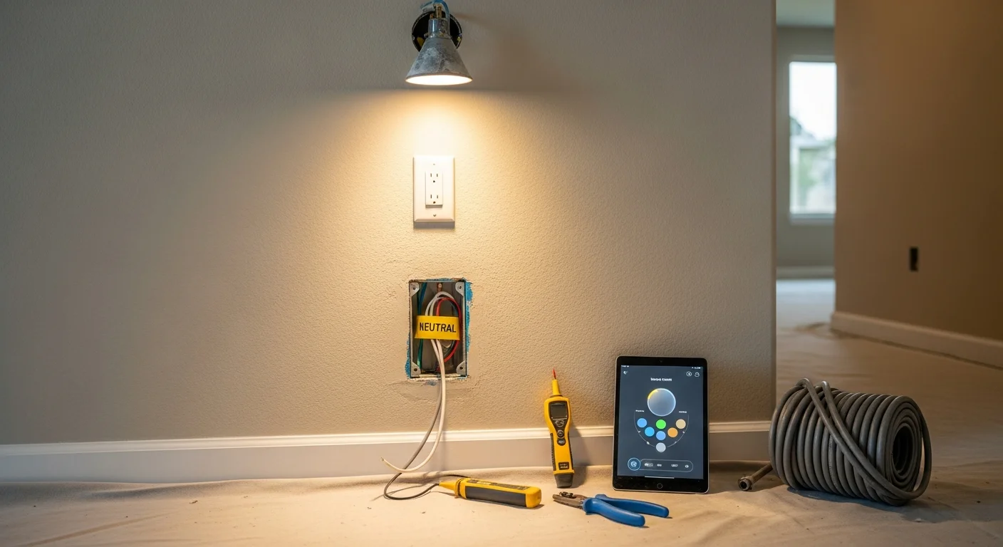 A licensed electrician from Big Shoulders Electrical Services installing a smart light switch in a mid-century ranch-style home in Taylor, Michigan. The wall box is open and wiring is being connected to a smart dimmer switch in a residential living room.