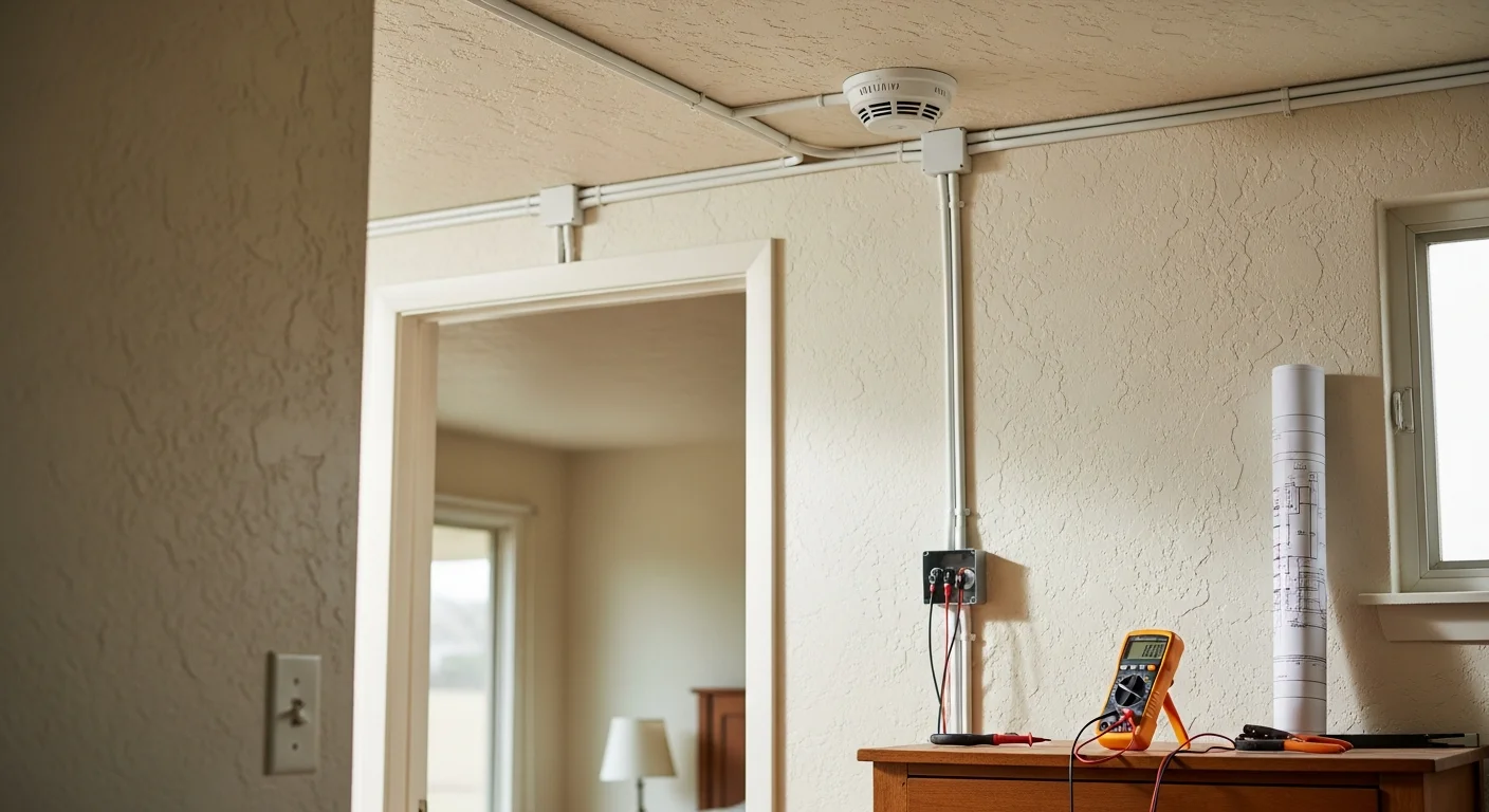 A licensed electrician from Big Shoulders Electrical Services installs a hardwired smoke and carbon monoxide detector on the ceiling of a brick ranch home in Taylor, MI. The detector is mounted in a hallway outside a bedroom, with visible wiring connected to the home's electrical system.