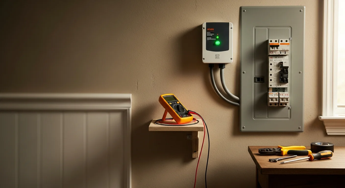 A licensed electrician installing a whole home surge protection device at a residential electrical panel in a Taylor, Texas home. The panel cover is open and the surge protection unit is mounted and wired directly to the main breaker.